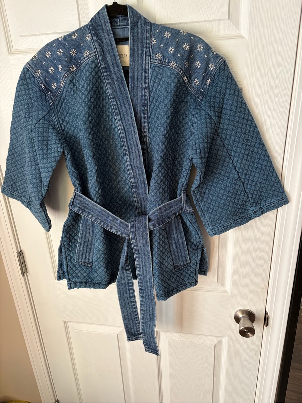 Embroidered Quilted Denim Kimono Jacket with Belt - Blue